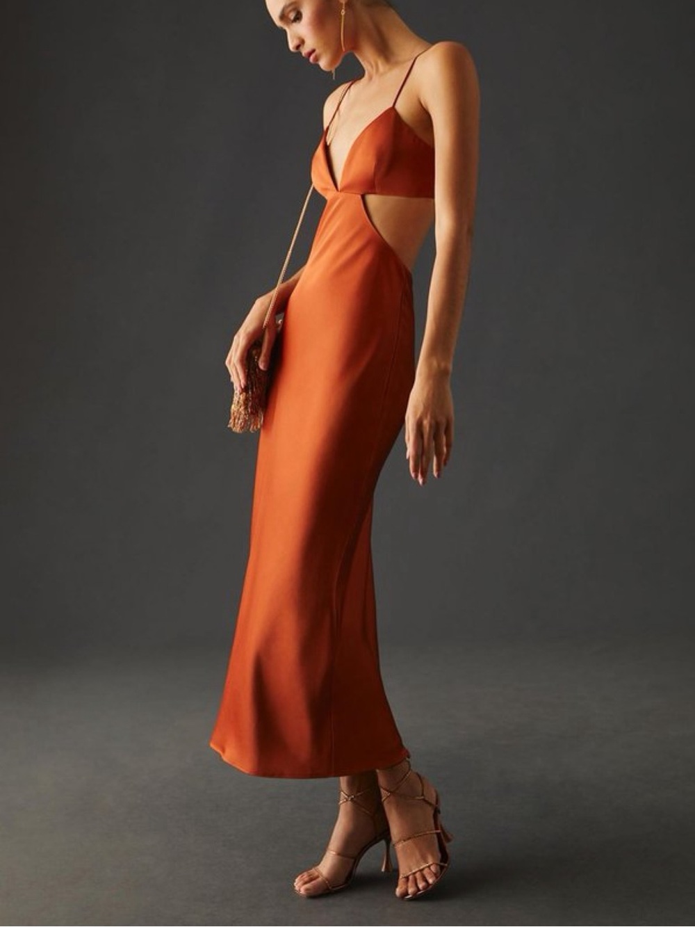 Anthropologie Significant Other Jacy Dress Size US 12 Clay Maxi Cutout Satin